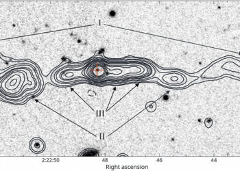 Астрономы обнаружили редчайшую тройную радиогалактику на расстоянии 7,5 миллиардов световых лет от Земли